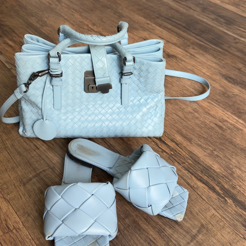 Powder Blue Woven Leather Shoulder Bag